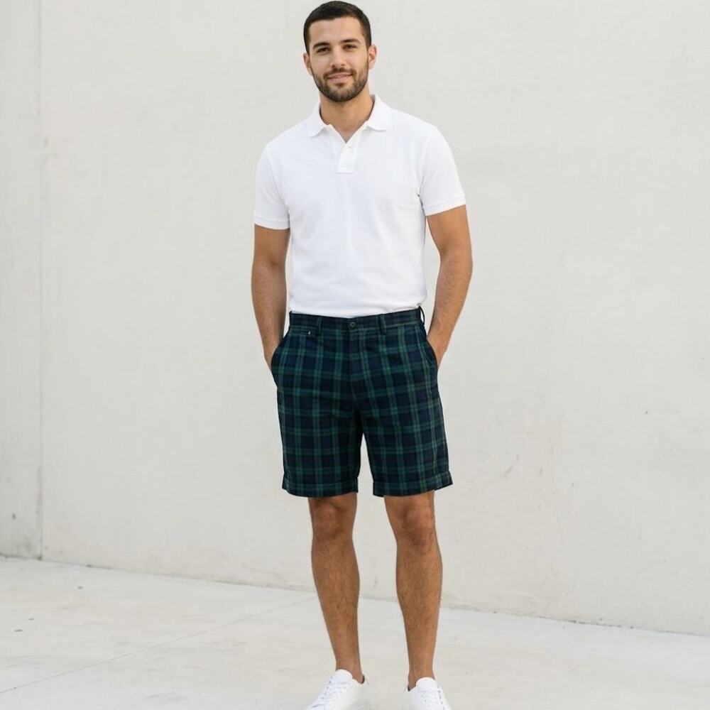 Polo by Ralph Lauren Men Black Watch Plaid Chino Shorts Tartan Green Navy Sz 38